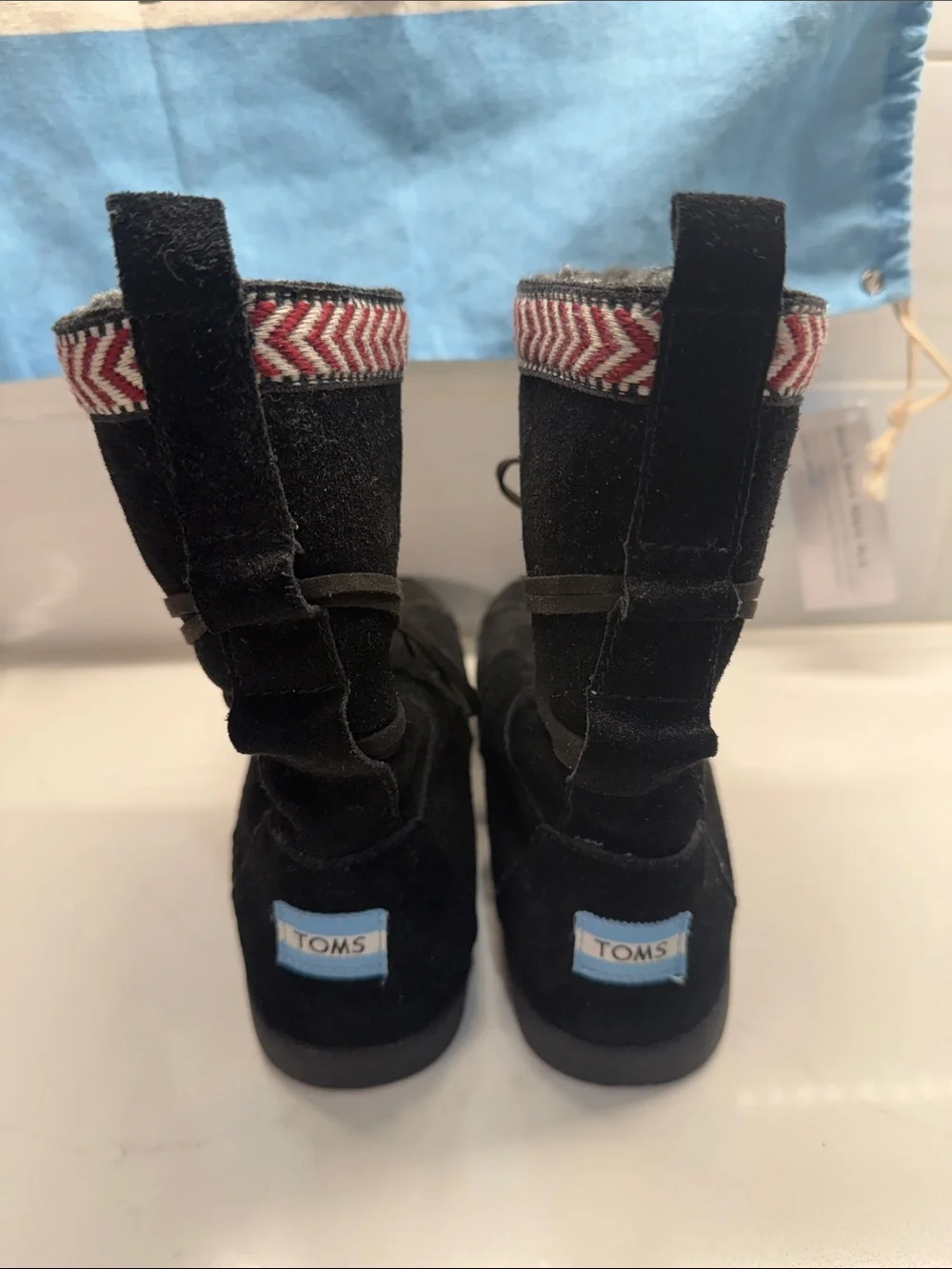 Toms Kids Black Suede Booties with Red Chevron Trim